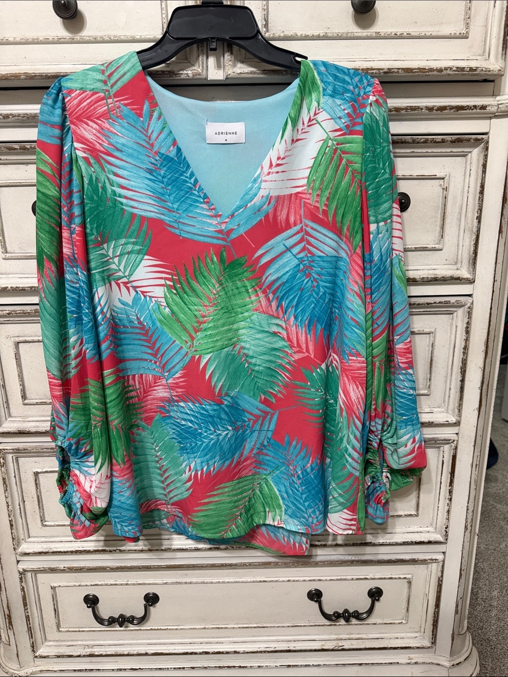 Adrienne medium Tropical Print V-Neck Tunic with Teal and Green Palms